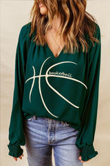 BASKETBALL Round Neck Smocked Long Sleeve Top - Flyclothing LLC