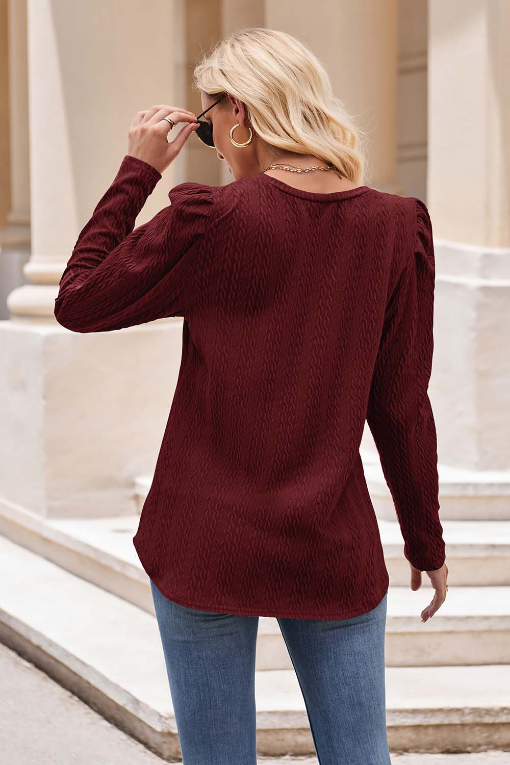 Round Neck Puff Sleeve Blouse - Flyclothing LLC