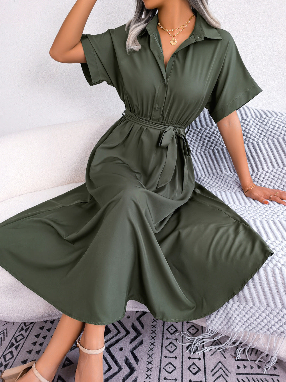 Short Sleeve Collared Tie Belt Dress - Flyclothing LLC