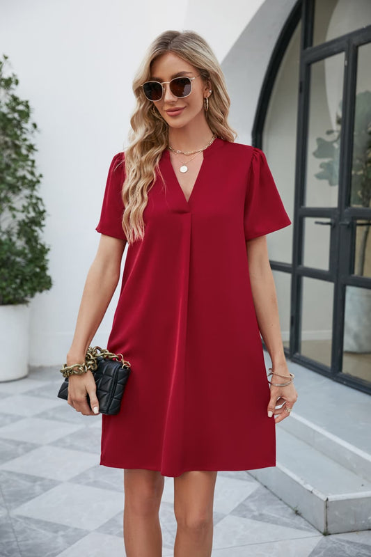 Notched Puff Sleeve Shift Dress - Flyclothing LLC