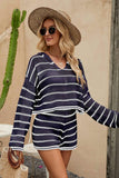 Striped Openwork Knit Hoodie and Shorts Set - Flyclothing LLC