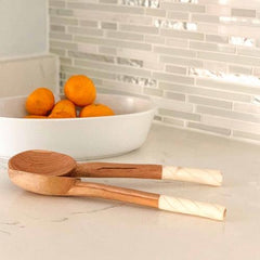 Olive Wood Salad Servers with Bone Handles, White with Etching Design - Jedando