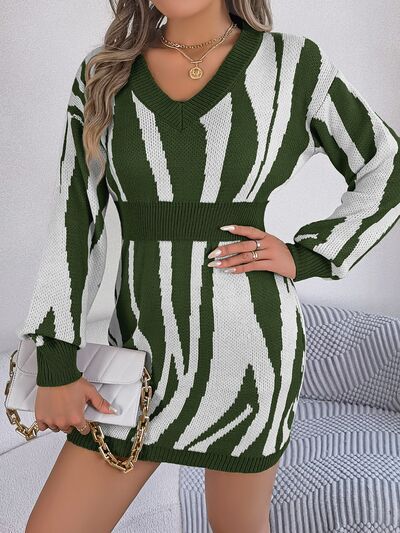 Animal Print V-Neck Long Sleeve Sweater Dress - Flyclothing LLC