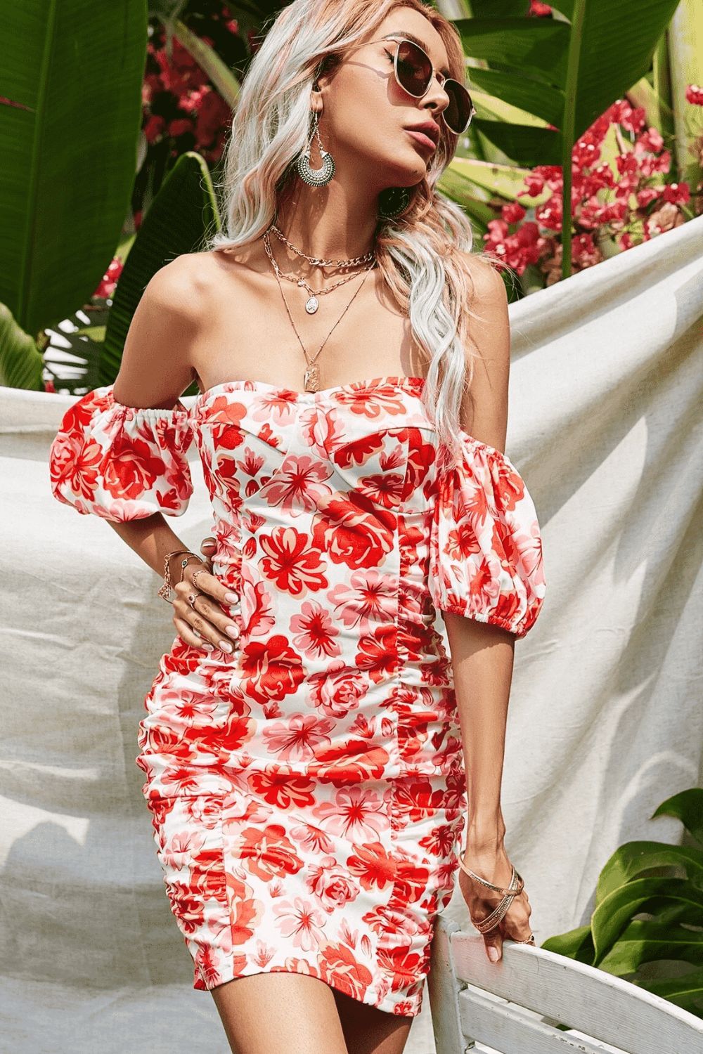 Off-Shoulder Floral Print Balloon Sleeve Dress - Red / S