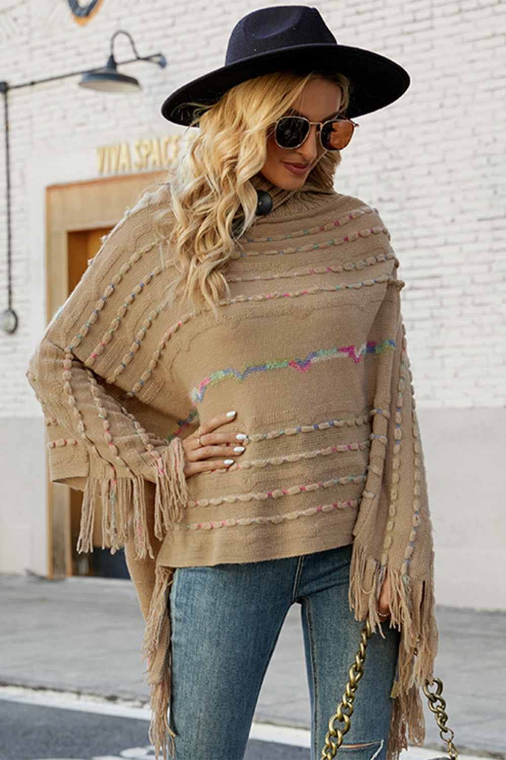 Color Block Fringe Detail Poncho – Flyclothing LLC