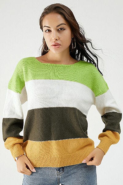 Color Block Dropped Shoulder Sweater - Trendsi