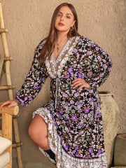 Plus Size V-Neck Balloon Sleeve Printed Midi Dress - Flyclothing LLC