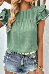 Pleated Detail Flutter Sleeve Blouse - Flyclothing LLC