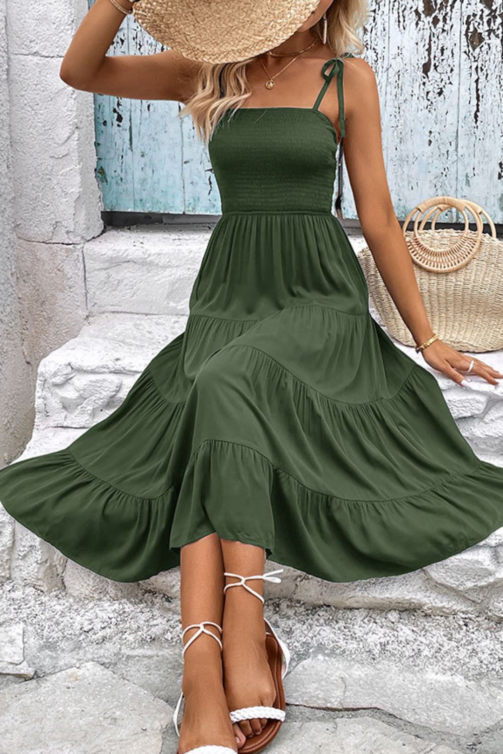 Tie-Shoulder Tiered Midi Dress - Flyclothing LLC