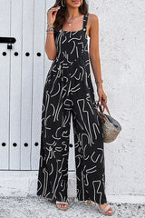 Printed Wide Strap Jumpsuit with Pockets - Flyclothing LLC