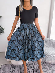 Printed Round Neck Pleated Dress - Flyclothing LLC