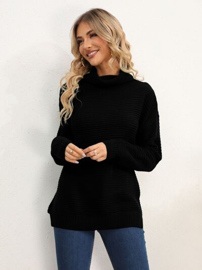 Slit Turtleneck Dropped Shoulder Sweater - Flyclothing LLC