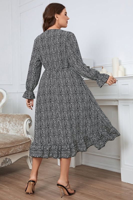 Plus Size Printed V-Neck Flounce Sleeve Midi Dress - Flyclothing LLC