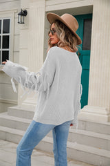 Ribbed Round Neck Fringe Detail Sweater - Flyclothing LLC