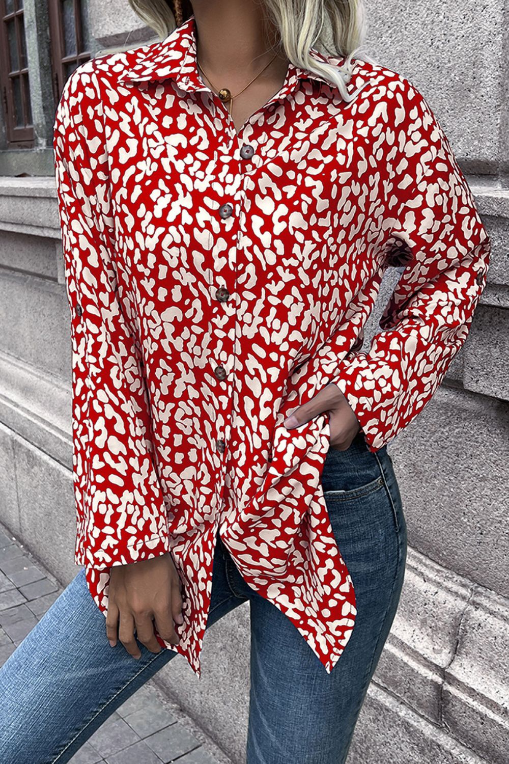 Leopard Roll-Tap Sleeve Shirt - Flyclothing LLC