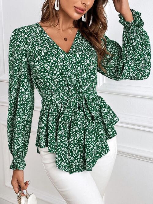 Trendsi Printed Tie Front Flounce Sleeve Blouse