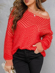 Striped Round Neck Dropped Shoulder Sweater - Flyclothing LLC