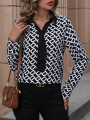 Printed Collared Neck Long Sleeve Shirt - Flyclothing LLC