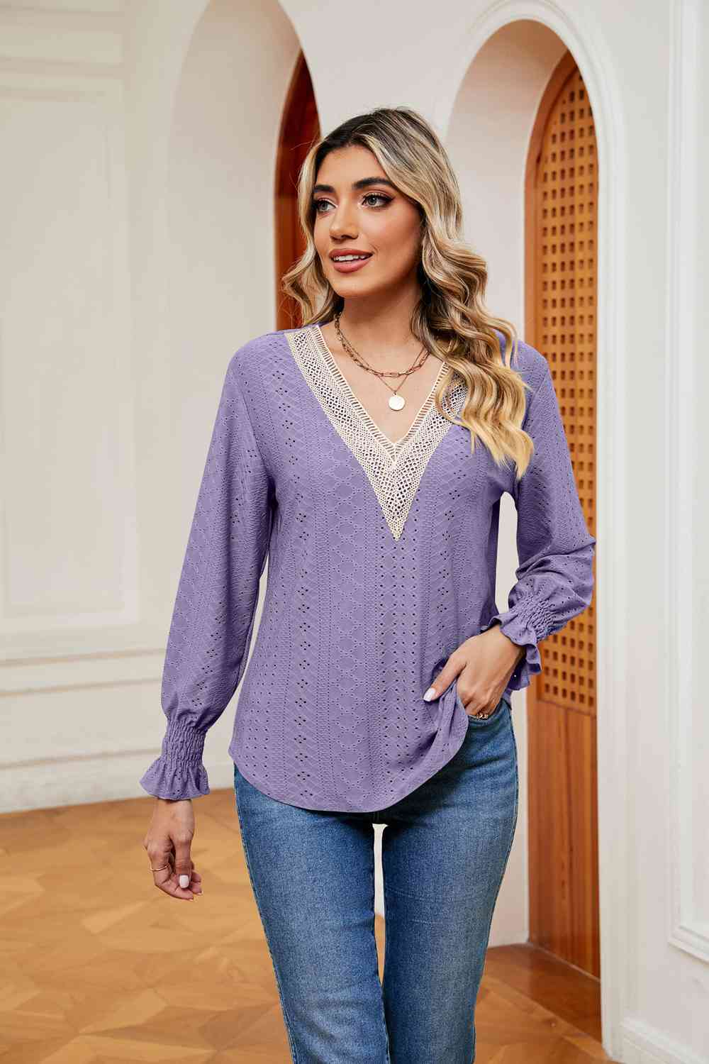 Contrast Flounce Sleeve Blouse - Flyclothing LLC