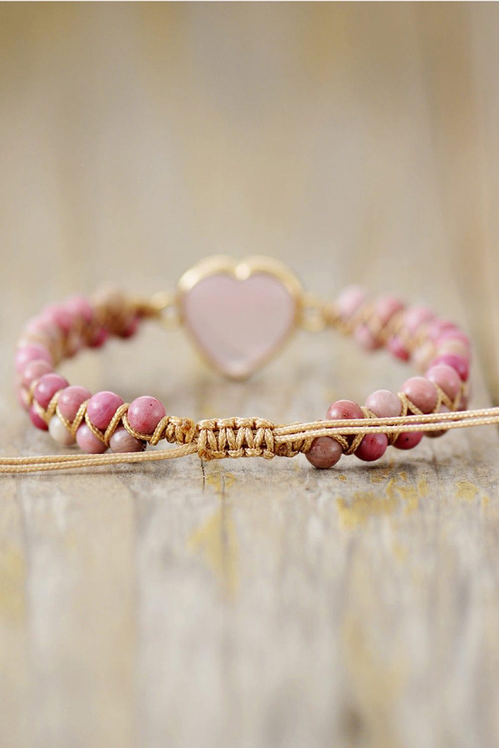 Rose Quartz Heart Beaded Bracelet - Trendsi