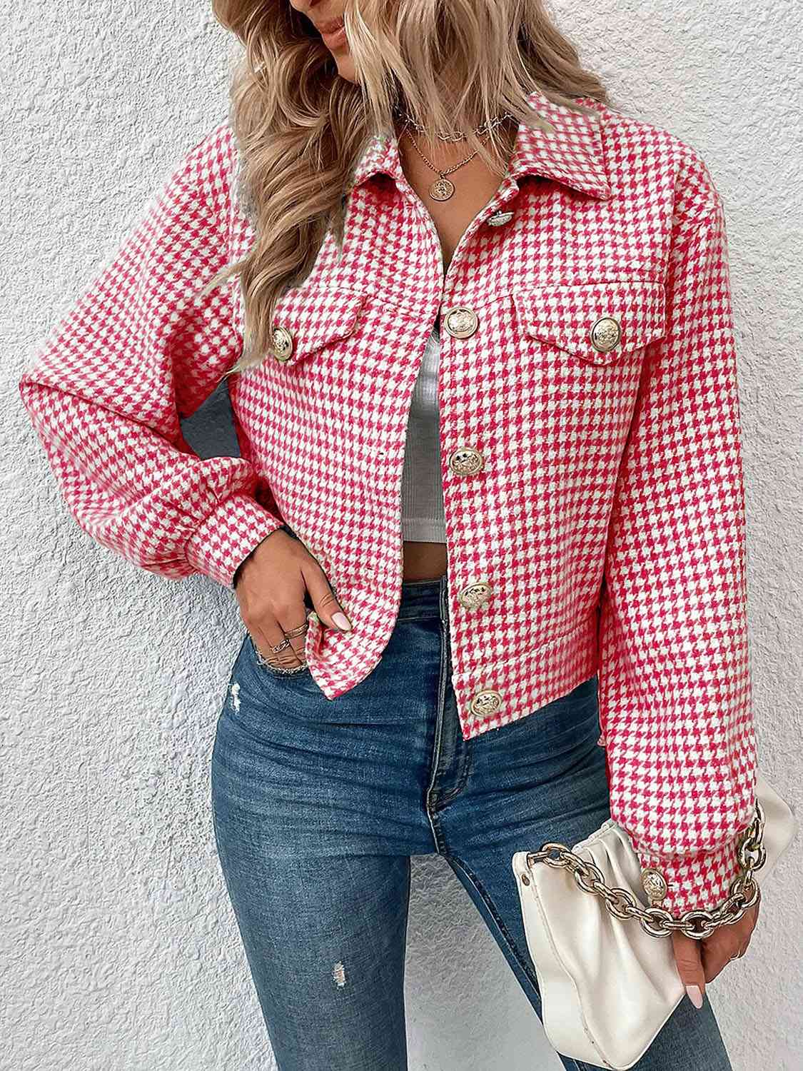 Houndstooth Collared Neck Button Up Jacket - Flyclothing LLC