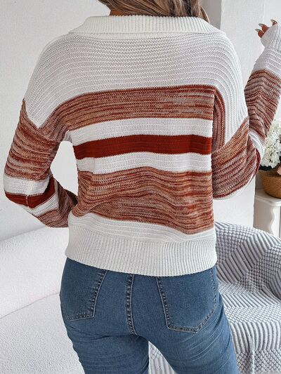 Striped Collared Neck Long Sleeve Sweater - Flyclothing LLC