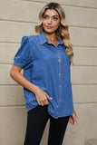 Puff Sleeve Collared Denim Top - Trendsi