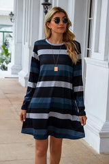 Striped Round Neck Long Sleeve Dress - Flyclothing LLC