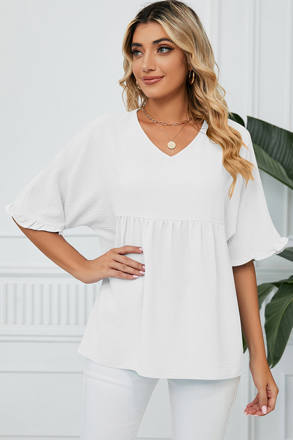 Peplum V-Neck Half Sleeve T-Shirt - Flyclothing LLC