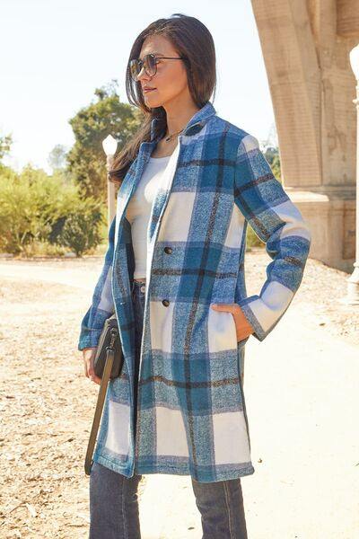 Double Take Full Size Plaid Button Up Lapel Collar Coat - Flyclothing LLC