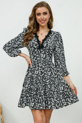 Printed Plunge Neck Flounce Sleeve Mini Dress - Flyclothing LLC