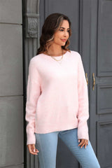 Round Neck Ribbed Long Sleeve Sweater - Flyclothing LLC