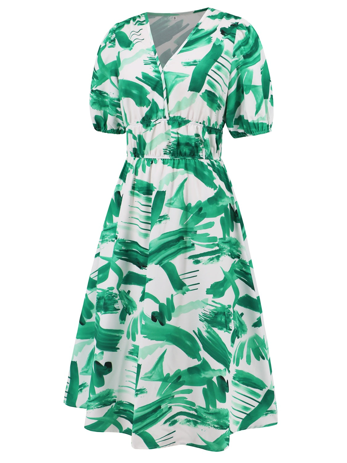 Ruched Printed Surplice Short Sleeve Dress - Flyclothing LLC