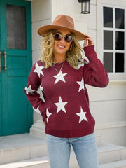 Star Round Neck Dropped Shoulder Sweater - Flyclothing LLC