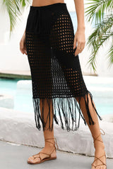 Fringe Hem Drawstring Waist Openwork Skirt - Flyclothing LLC