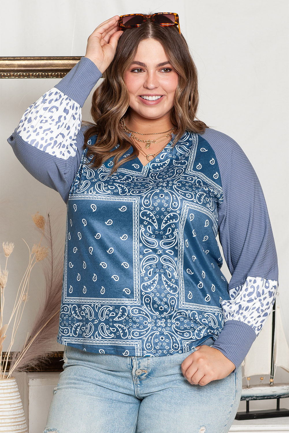 Plus Size V-Neck Printed Raglan Sleeve Blouse - Flyclothing LLC