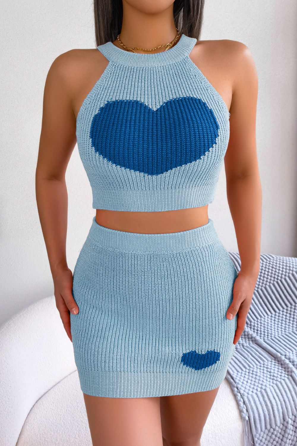 Heart Contrast Ribbed Sleeveless Knit Top and Skirt Set - Flyclothing LLC