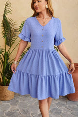 Swiss Dot Ruffled V-Neck Tiered Dress - Flyclothing LLC