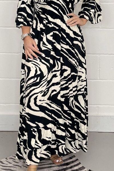 Smocked Printed Flounce Sleeve Maxi Dress - Flyclothing LLC