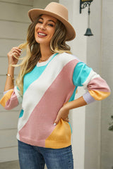 Color Block Round Neck Long Sleeve Sweater - Trendsi