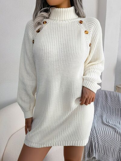 Decorative Button Turtleneck Sweater Dress - Flyclothing LLC