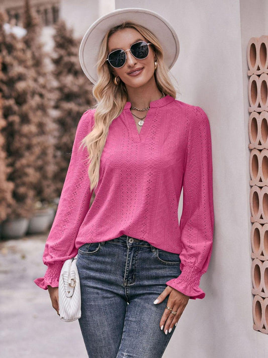 Eyelet Notched Neck Flounce Sleeve Blouse - Trendsi