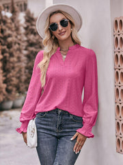 Eyelet Notched Neck Flounce Sleeve Blouse - Trendsi