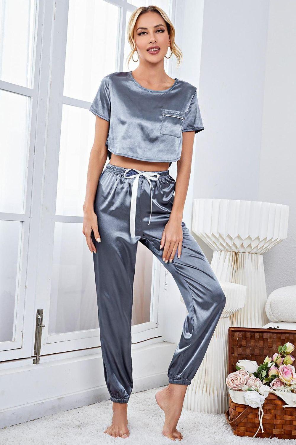 Satin Short Sleeve Crop Top and Joggers Lounge Set - Flyclothing LLC