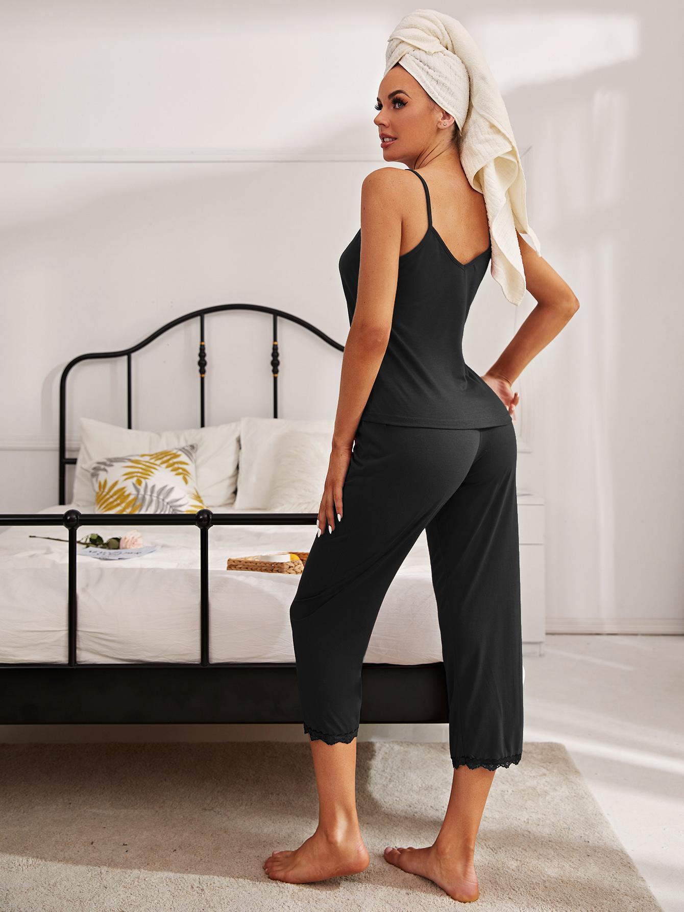 V-Neck Lace Trim Slit Cami and Pants Pajama Set – Flyclothing LLC