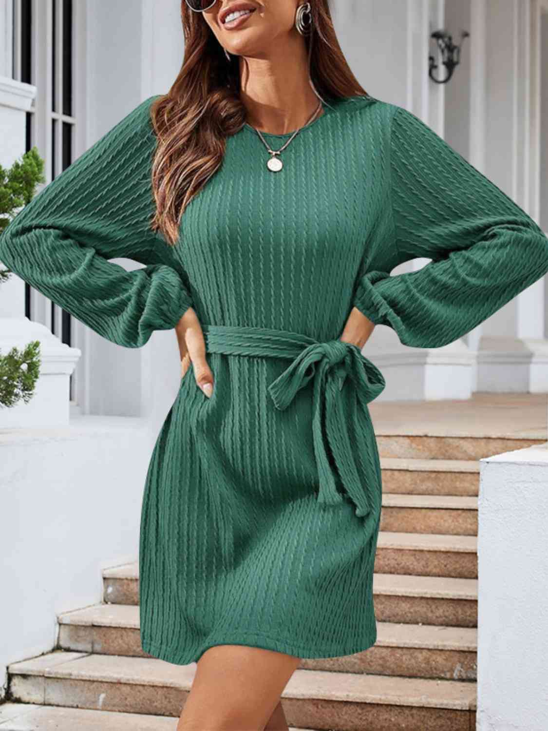 Round Neck Tie Front Long Sleeve Dress - Flyclothing LLC