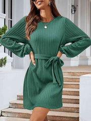 Round Neck Tie Front Long Sleeve Dress - Flyclothing LLC