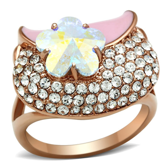 Alamode IP Rose Gold(Ion Plating) Brass Ring with Top Grade Crystal in Clear