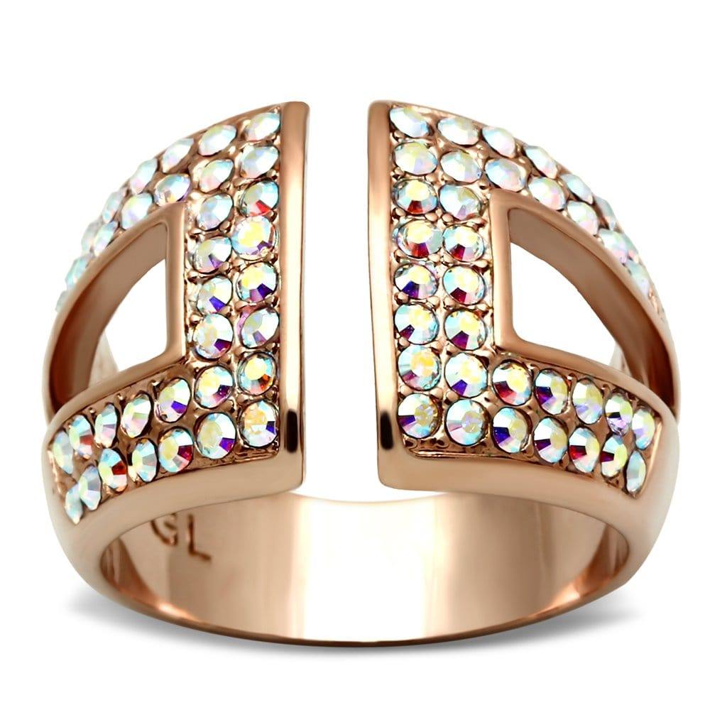 Alamode IP Rose Gold(Ion Plating) Brass Ring with Top Grade Crystal in Aurora Borealis (Rainbow Effect) - Alamode