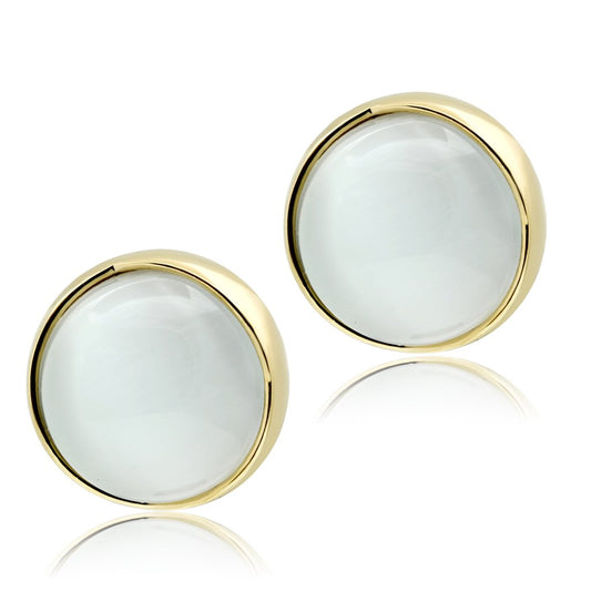 Alamode IP Gold(Ion Plating) Brass Earrings with Synthetic Cat Eye in White